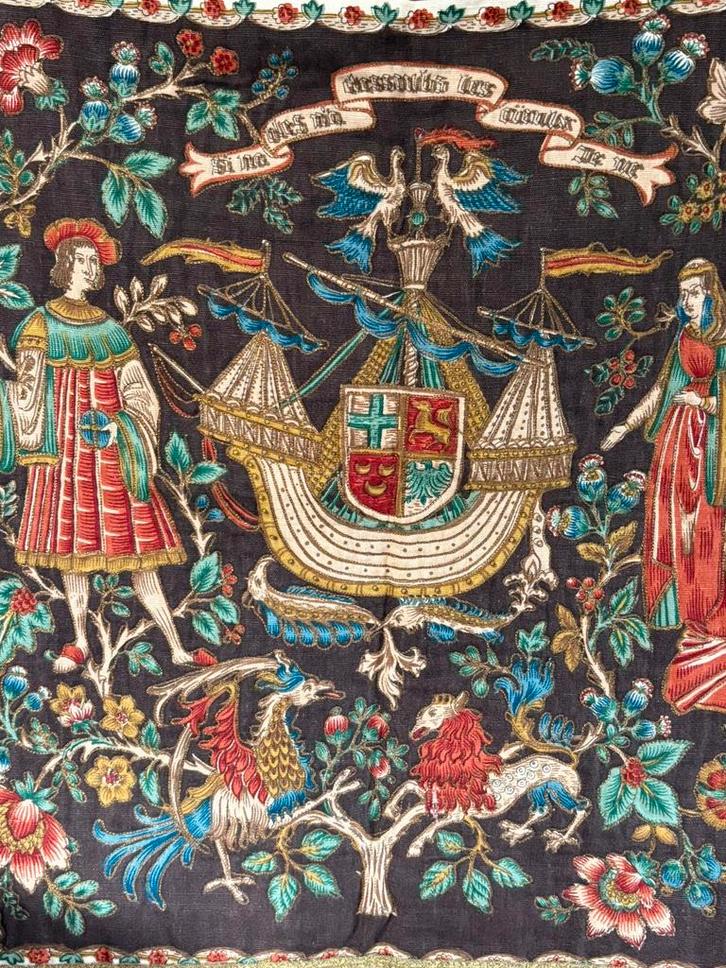 Antiek 15de eeuws wandkleed “Barques des Amours” 55x80cm, Antiek en Kunst, Antiek | Kleden en Textiel, Ophalen of Verzenden