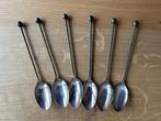 Zes verzilverde (100) theelepels met getorste steel DE, Ophalen of Verzenden, Zo goed als nieuw, Zilver, Los bestek