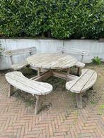 Houten picknickset met ronde tafel en banken. 8 personen, Tuin en Terras, Ophalen, Gebruikt, Rond, Hout