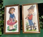 2 Geborduurde schilderijtjes jongen en meisje achter glas, Hobby en Vrije tijd, Borduren en Borduurmachines, Handborduren, Gebruikt