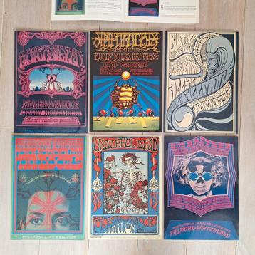 6 psychedelische posters jaren 60 bands, €2,50 per stuk