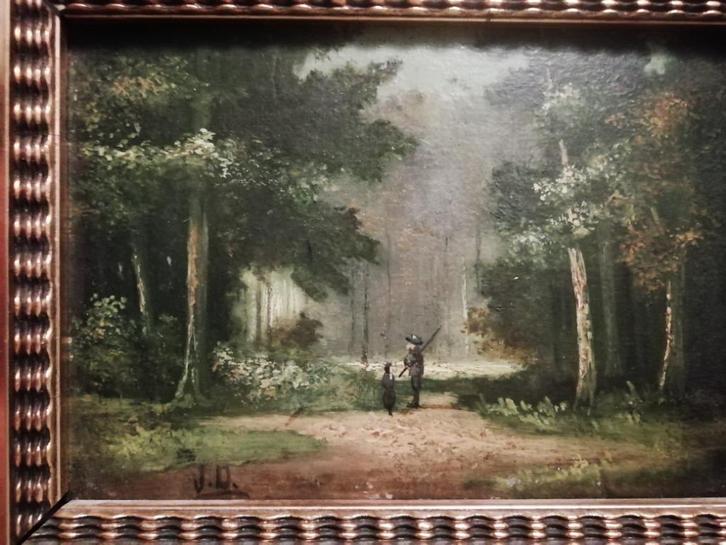 olie op paneel jager en zijn zoon in bos, gesigneerd, Antiek en Kunst, Kunst | Schilderijen | Klassiek, Ophalen