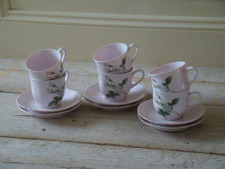 7 Kop-en-schotels, Hutschenreuther, Germany, roze met roosje, Antiek en Kunst, Antiek | Servies los, Ophalen of Verzenden