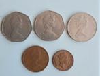 5 munten Engeland 50, 10, 2 en 1 pence, Ophalen of Verzenden, Buitenland, Munten