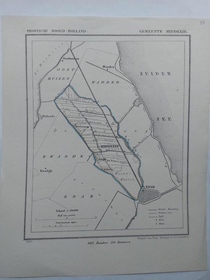 23 / Middelie Kwadijk Edam Axwijk Warder Litho 1867 J Kuyper, Antiek en Kunst, Kunst | Litho's en Zeefdrukken, Ophalen of Verzenden
