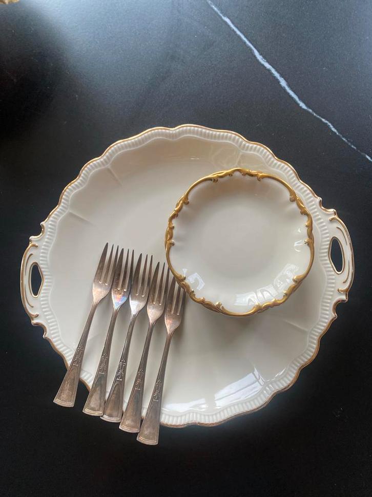 Vintage Gebakstel met Verzilverde Vorkjes, Antiek en Kunst, Antiek | Servies compleet, Ophalen of Verzenden