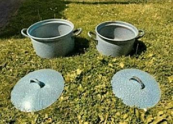Pannen,gewolkt,grijs,deksel,tuin,plant,Emaille,Brocante,1970