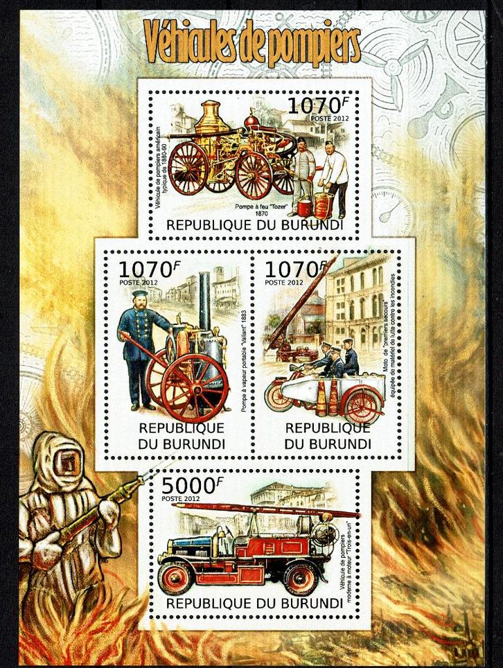 burundi 2012 pf blok brandweer wagens auto cars auto's, Postzegels en Munten, Postzegels | Thematische zegels, Postfris, Auto's