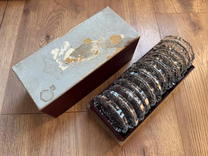 Vintage Glazen Onderzetters in Doos - 12 stuks, Antiek en Kunst, Antiek | Glas en Kristal, Ophalen of Verzenden