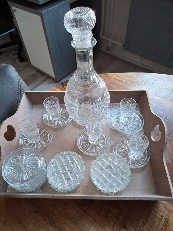 Kristallen Karaffenset met Glaasjes en Onderzetters, Antiek en Kunst, Antiek | Glas en Kristal, Ophalen of Verzenden