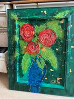 Kleurrijk kunst schilderij 44x55 cm groen veel verf lijst, Antiek en Kunst, Kunst | Schilderijen | Abstract, Ophalen