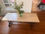 Midcentury vintage salontafel (travertijn en gietijzer), Ophalen, 100 tot 150 cm, Midcentury vintage handmade, 50 tot 100 cm