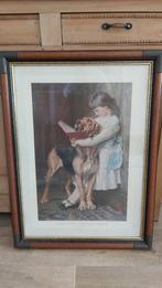 Lijst met poster meisje met hond, Antiek en Kunst, Curiosa en Brocante, Ophalen
