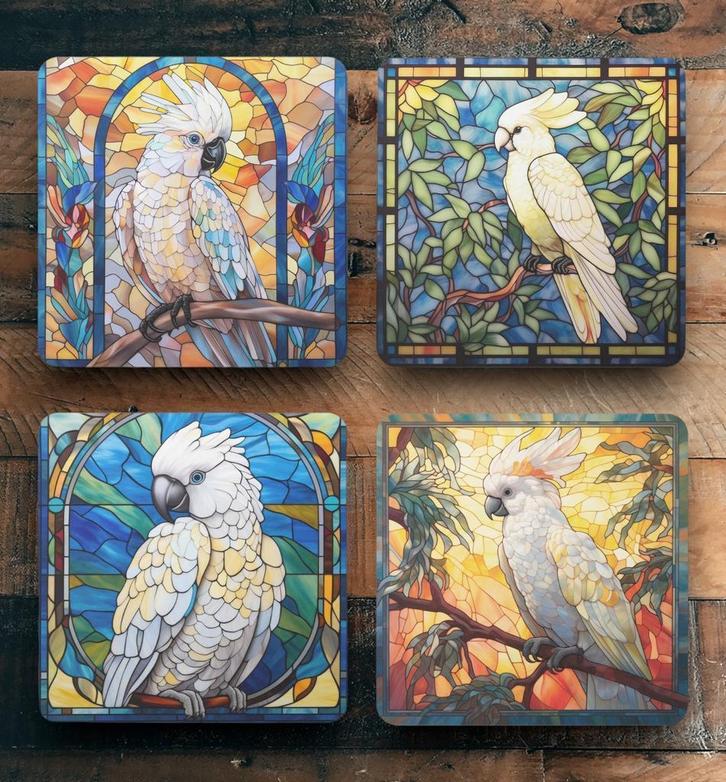 Kaketoe Glas in Lood onderzetters met houder, Huis en Inrichting, Woonaccessoires | Onderzetters, Nieuw, Glas of Kopje, Ophalen of Verzenden