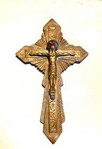 Koperen art deco crucifix gemerkt 22,cm, Antiek en Kunst, Antiek | Religie, Ophalen of Verzenden
