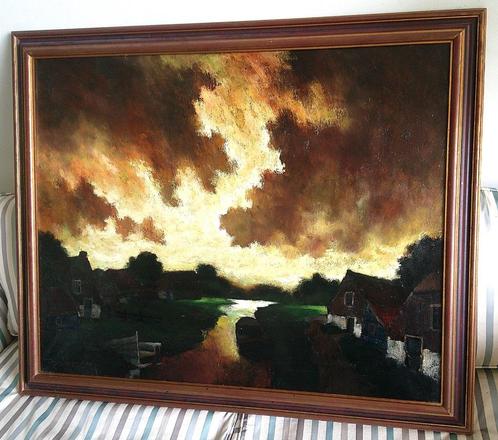 Zware lucht boven watertje en huizen - Toon Koster 1913-1990, Antiek en Kunst, Kunst | Schilderijen | Klassiek, Ophalen