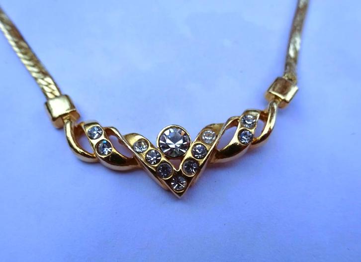 Plat goudkleurige schakeltjes kettinkje + glimmer hanger, Sieraden, Tassen en Uiterlijk, Kettingen, Zo goed als nieuw, Overige materialen