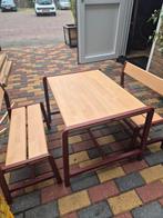 Vintage Houten Tafel met Banken, Huis en Inrichting, Tafels | Eettafels, Gebruikt, 100 tot 150 cm, Vintage, Metaal