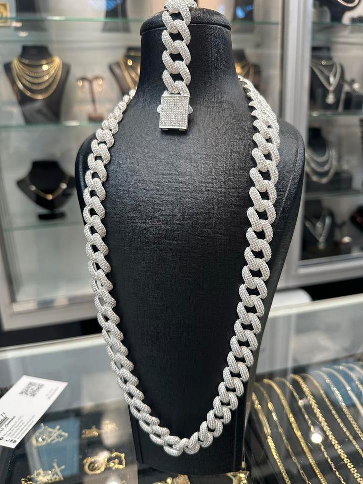 Zilveren Iced Cubana Set - 925, Sieraden, Tassen en Uiterlijk, Kettingen, Nieuw, Zilver, Goud, Met strass, Ophalen of Verzenden