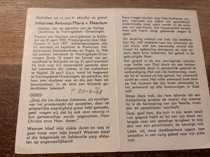 Heerium Johannes v. 1903 Schijndel 1963 Veghel pastoor, Verzamelen, Bidprentjes en Rouwkaarten, Bidprentje, Ophalen of Verzenden