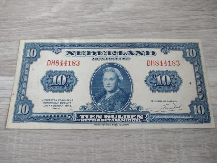 Heel mooi biljet 10 gulden 1943, muntbiljet Wilhelmina, Postzegels en Munten, Bankbiljetten | Nederland, 10 gulden, Ophalen of Verzenden