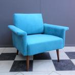 60 jaren DESIGN fauteuil blauwe velours stof opnieuw bekleed, Huis en Inrichting, Fauteuils, Ophalen, Hout, Gebruikt, Minder dan 75 cm