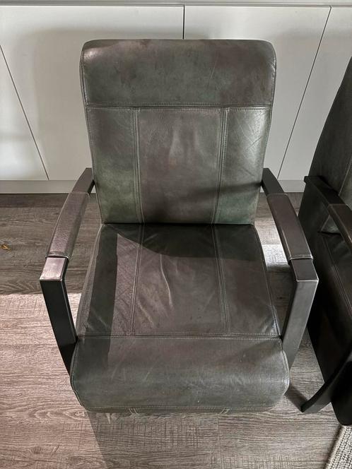 2 Leren Fauteuils Olijfgroen, Huis en Inrichting, Fauteuils, Gebruikt, Leer, 50 tot 75 cm, 75 tot 100 cm, Ophalen
