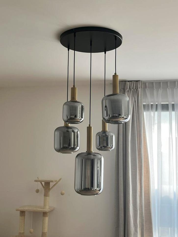 Hanglamp 5I glas smoke+ antiek brons, Huis en Inrichting, Lampen | Hanglampen, Nieuw, 75 cm of meer, Glas, Ophalen