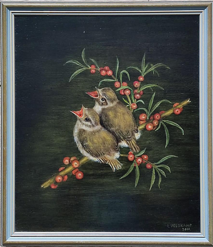 Hollandse school (XX L. Veldkamp) - Twee musjes (2001), Antiek en Kunst, Kunst | Schilderijen | Klassiek, Ophalen of Verzenden