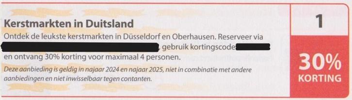 Kerstmarkten in Duitsland 30% korting. Postcodeloterij bon 1, Tickets en Kaartjes, Kortingen en Cadeaubonnen, Drie personen of meer