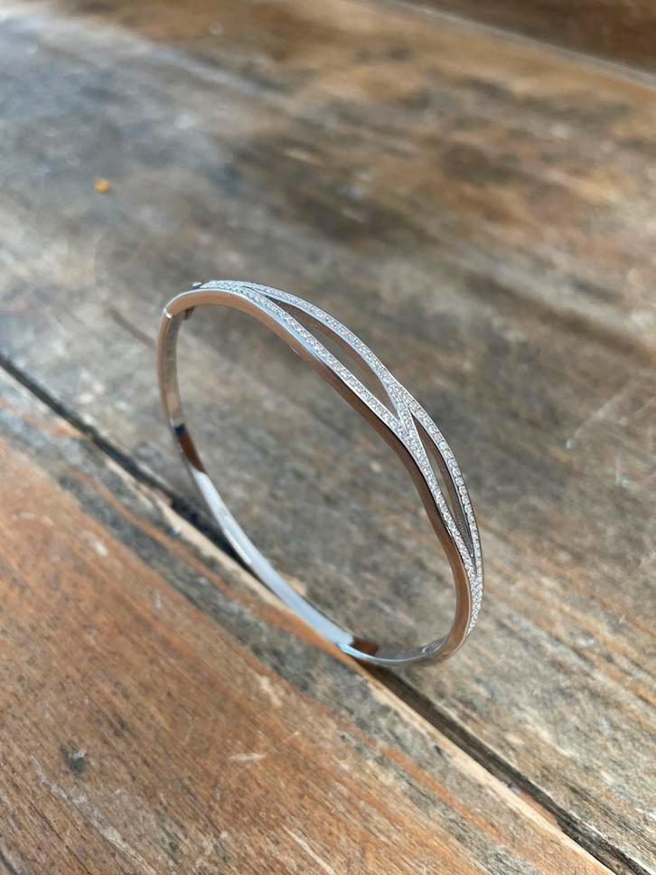 Echt zilveren slavenarmband / bangle met zirkonia strass, Sieraden, Tassen en Uiterlijk, Armbanden, Nieuw, Zilver, Met strass
