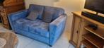 Blauwe suède bankstel - 3-zits & 2-zits, Ophalen, Gebruikt, 75 tot 100 cm, Rechte bank
