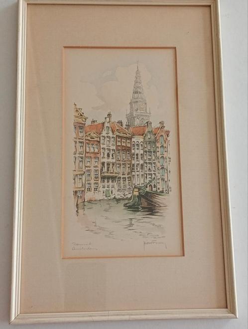 Gerard van Berkel - Damrak Amsterdam - Gesigneerde Prent, Antiek en Kunst, Kunst | Tekeningen en Foto's, Ophalen of Verzenden