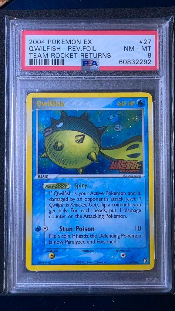 Qwilfish Rev Foil 2004 Team Rocket Returns PSA 8, Hobby en Vrije tijd, Verzamelkaartspellen | Pokémon, Zo goed als nieuw, Losse kaart