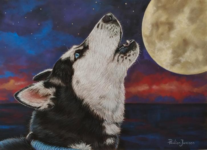 OPRUIMING schilderij husky met lijst - hondenschilderij hond, Antiek en Kunst, Kunst | Schilderijen | Klassiek, Ophalen of Verzenden
