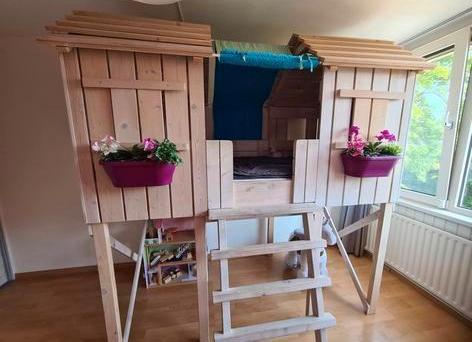 Eikenhouten Huisjesbed excl. bloembakken incl. matras, Kinderen en Baby's, Kinderkamer | Bedden, Gebruikt, 160 tot 180 cm, 70 tot 85 cm