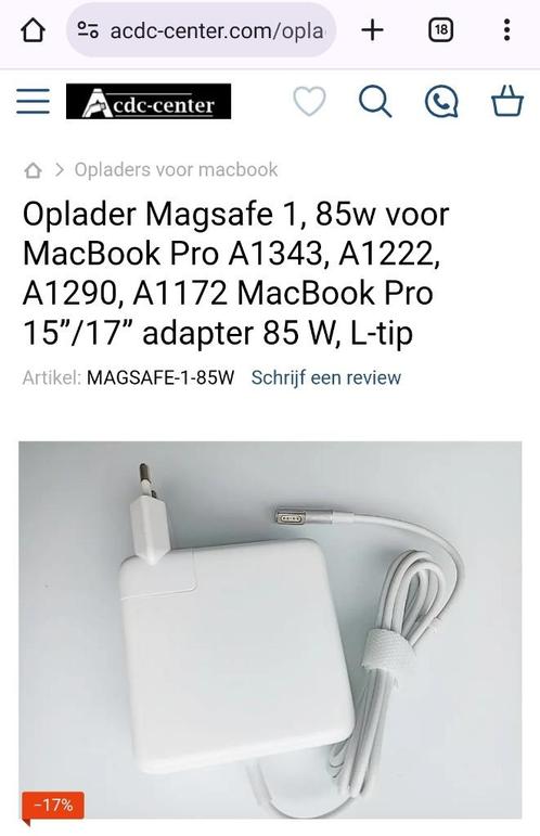 Changer Oplader Magsafe 1, 85w voor MacBook Pro A1343, A1222, Computers en Software, Laptop-opladers, Nieuw, Ophalen of Verzenden