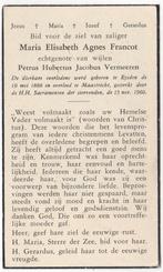 Maria E.A. Francot 1888 Eysden + 1960 Maastricht, 72 jaar, Verzamelen, Verzenden, Bidprentje