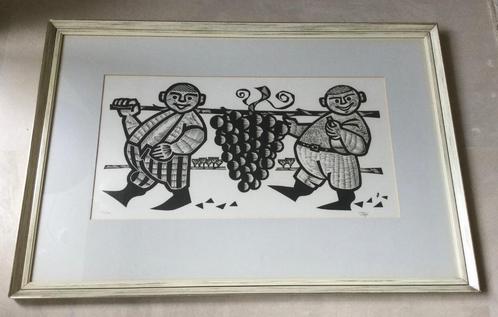 Fraaie ets oogst druiven strak gestileerd door Piet Janssens, Antiek en Kunst, Kunst | Etsen en Gravures, Verzenden