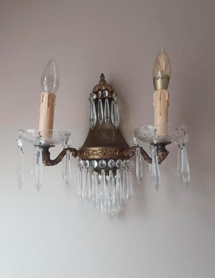 Antiek messing kristal wandlampjes - 4 stuks beschikbaar, Huis en Inrichting, Lampen | Wandlampen, Gebruikt, Glas, Metaal, Ophalen of Verzenden