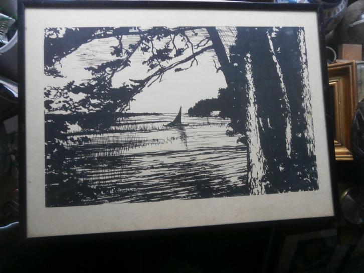 Romantische Zw-wit Houtsnede Bootje o/h Meer, Antiek en Kunst, Kunst | Litho's en Zeefdrukken, Ophalen of Verzenden