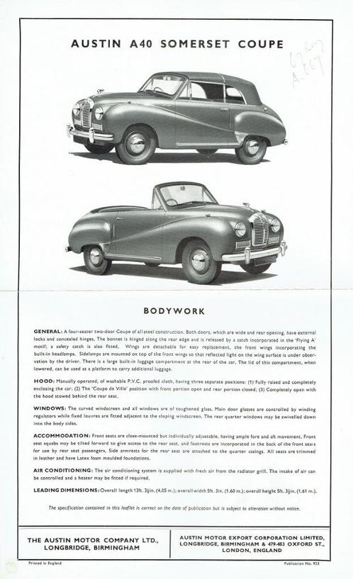 Folder Austin A40 Somerset Coupe (1952), Boeken, Auto's | Folders en Tijdschriften, Gelezen, Overige merken, Verzenden
