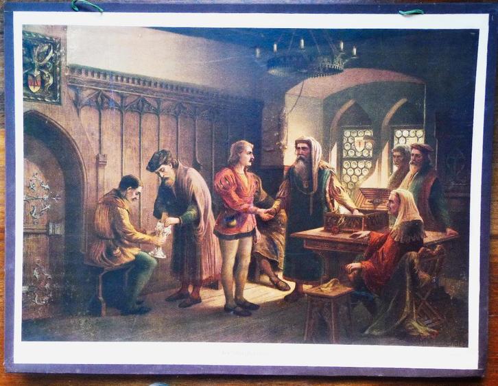 Middeleeuwse gildescène (promotie meester-ambachtslieden), Antiek en Kunst, Antiek | Schoolplaten, Geschiedenis, Ophalen of Verzenden