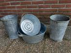 Verschillende leuke zinken bloempotten en teilen., Tuin en Terras, Bloembakken en Plantenbakken, Tuin, Rond, Ophalen of Verzenden