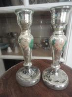 1 antieke ZILVERGLAS/BOERENZILVER KANDELAAR +GEKLEURDE BLOEM, Ophalen of Verzenden