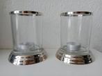 2 glazen stolpjes / windlichten met zilver, 12 cm hoog, Minder dan 25 cm, Ophalen of Verzenden, Kandelaar, Zo goed als nieuw