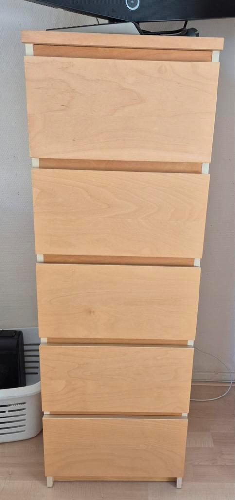 Malm ladekast met 5 lades - berken fineer, Huis en Inrichting, Kasten | Ladekasten, Ophalen of Verzenden