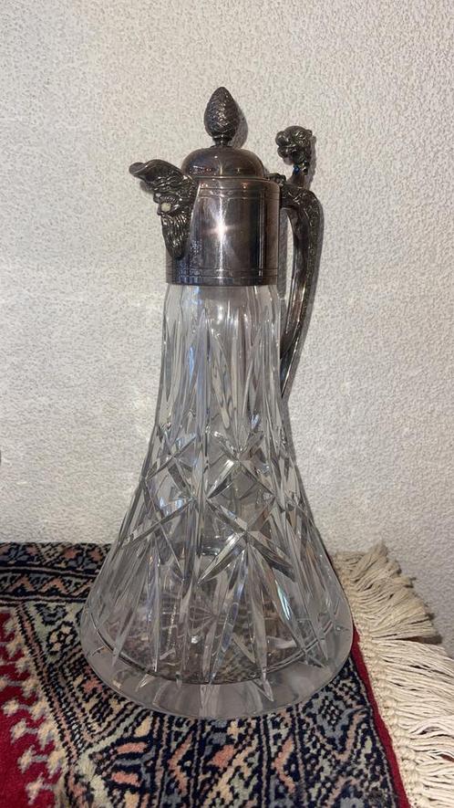Antieke kristallen karaf met verzilverde dop en handvat, Antiek en Kunst, Antiek | Glas en Kristal, Ophalen of Verzenden