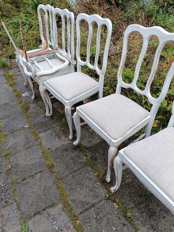 6 Queen Anne style stoelen gerysyleld, Huis en Inrichting, Stoelen, Gebruikt, Vijf, Zes of meer stoelen, Hout, Stof, Wit, Ophalen