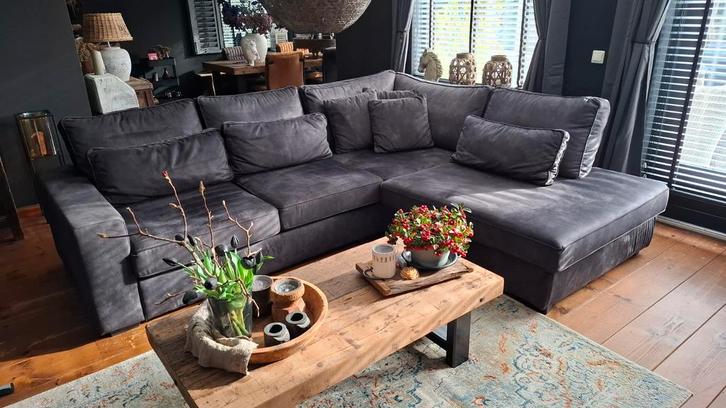 prachtige zwarte hoekbank velvet stof zgan, Huis en Inrichting, Banken | Bankstellen, Gebruikt, Hoekbank, Vierpersoons of meer